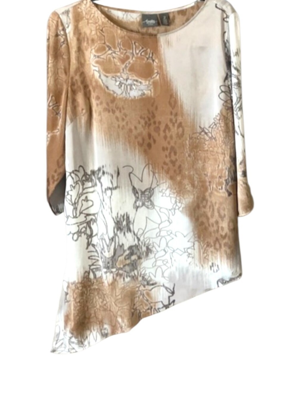 Chico's Travelers Asymmetrical Slinky Tunic Top Abstract Floral Silver/Brown LG